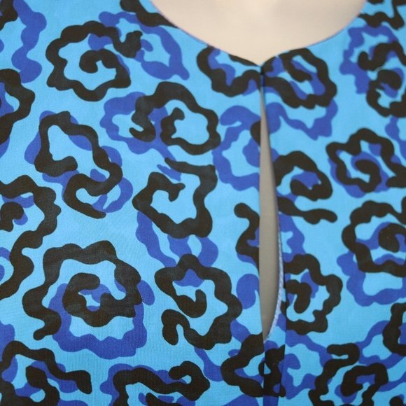 Vintage Royal Blue Black Floral Print Long Sleeve Knee Length Dress 1980s USA - Picture 8 of 15